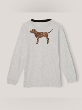 Leopard Dog Graphic Long Sleeve Tee - Light Gray with Black Trim